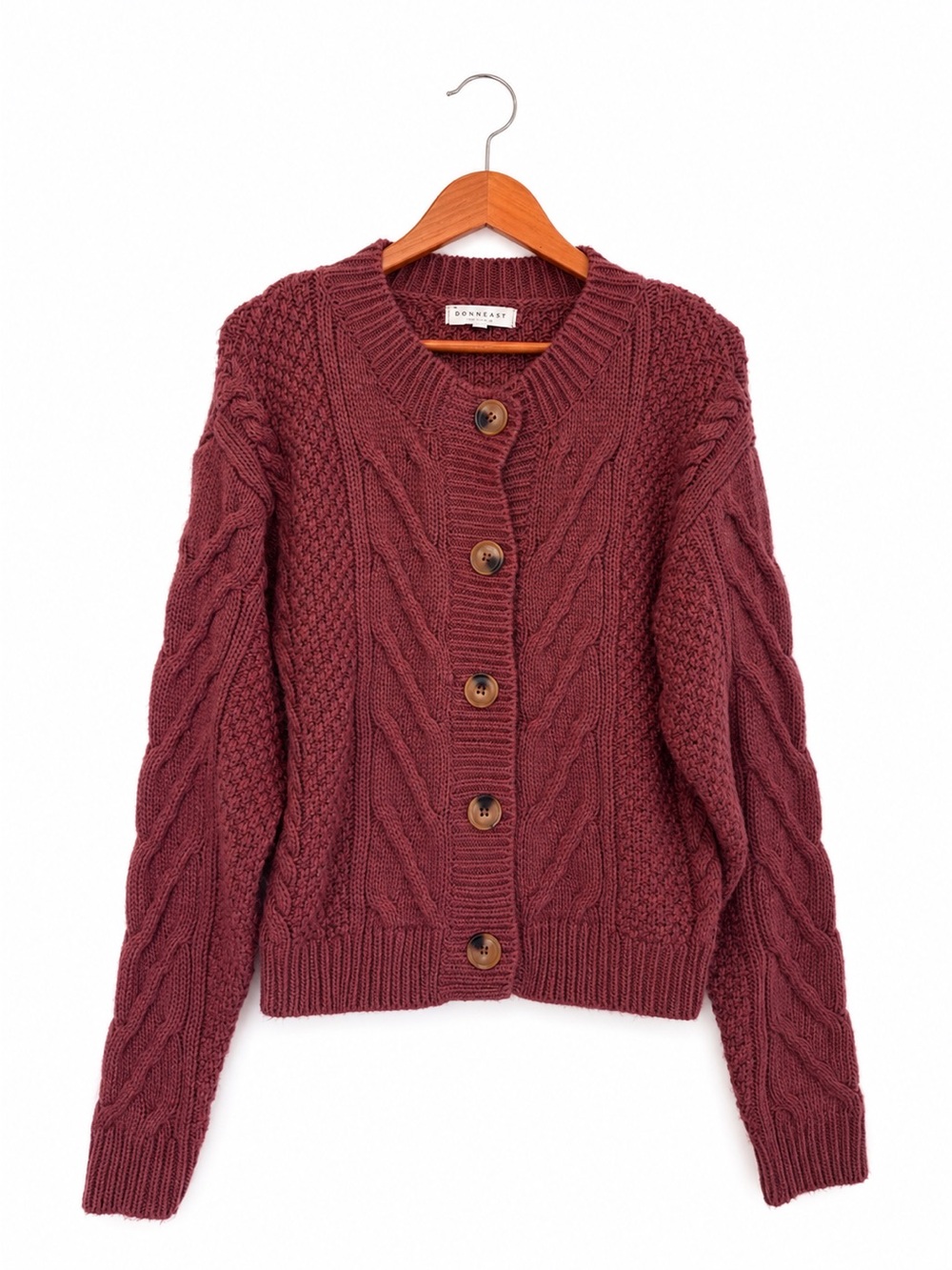 DownEast Cable-Knit Button Cardigan - Burgundy